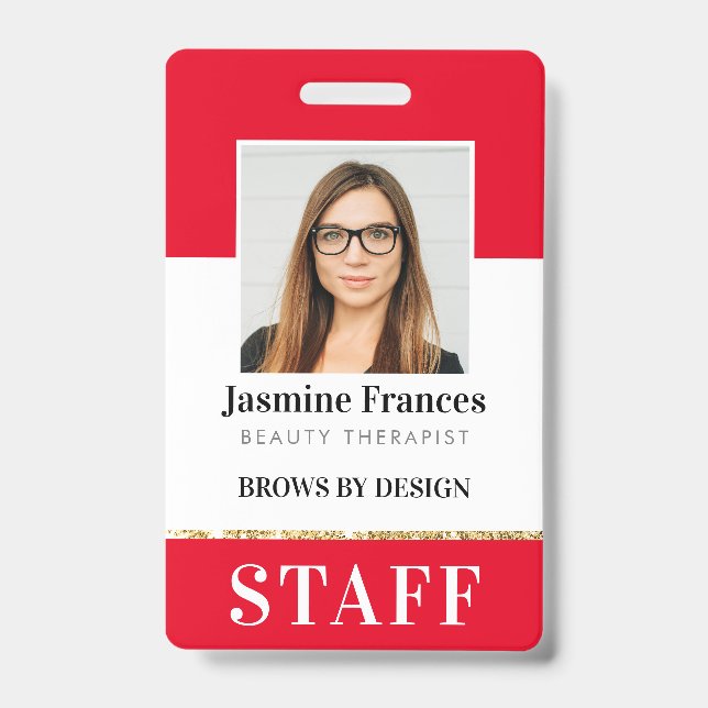 MODERN STAFF PHOTO ID work chic design red Badge (Front)