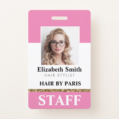 Modern STAFF PHOTO ID Work Pink Gold Simple Badge