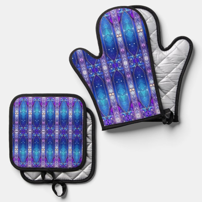 Modern Stained Glass Pattern Oven Mitt & Pot Holder Set (Front/Back)
