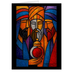 Modern Stained Glass Three Wise Men in English Card