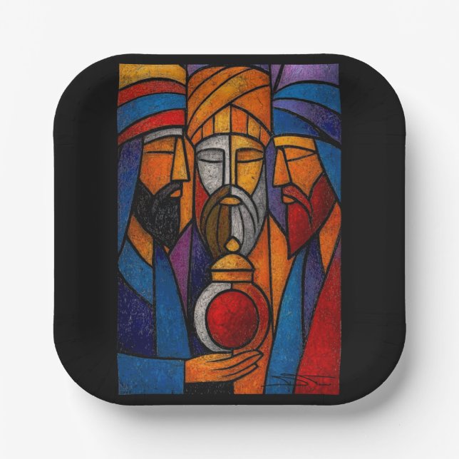 Modern Stained Glass Three Wise Men Paper Plates (Front)