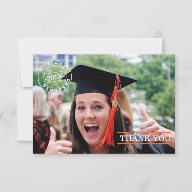 Modern Stamp Photo Graduation Thank You | Orange