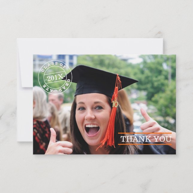 Modern Stamp Photo Graduation Thank You | Orange (Front)