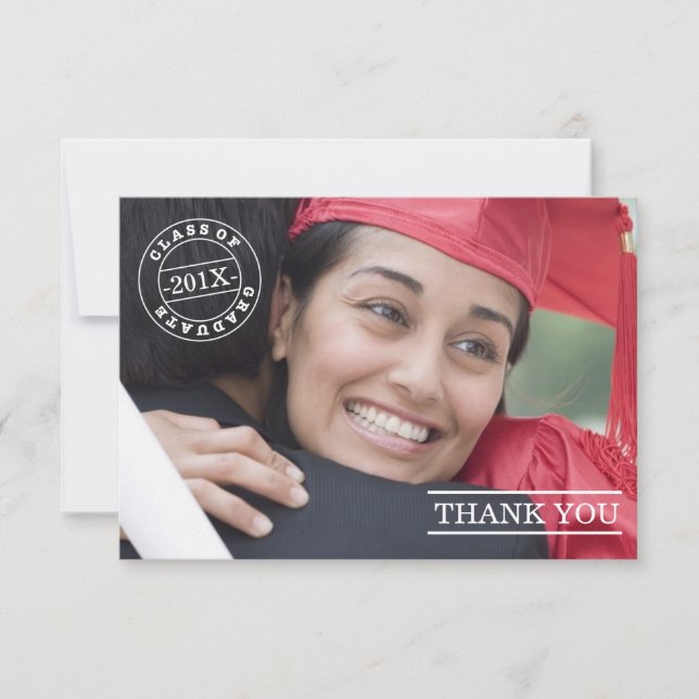 Modern Stamp Photo Graduation Thank You | White (Front)
