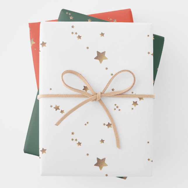 Modern Star Cherry Green White Christmas Happy Wrapping Paper Sheets (In situ)