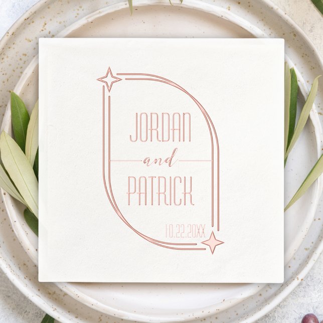 Modern Star Frame Personalized Name & Date Wedding Foil Napkins (modern star celestial wedding rose gold foil napkins art deco personalized name & wedding date cute)