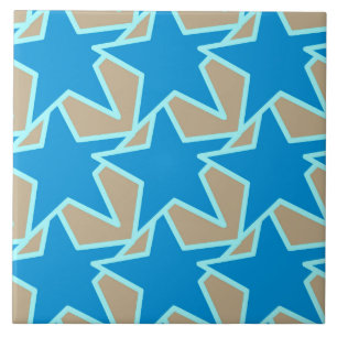 Modern Star Geometric, Cerulean Blue and Taupe Tan Ceramic Tile