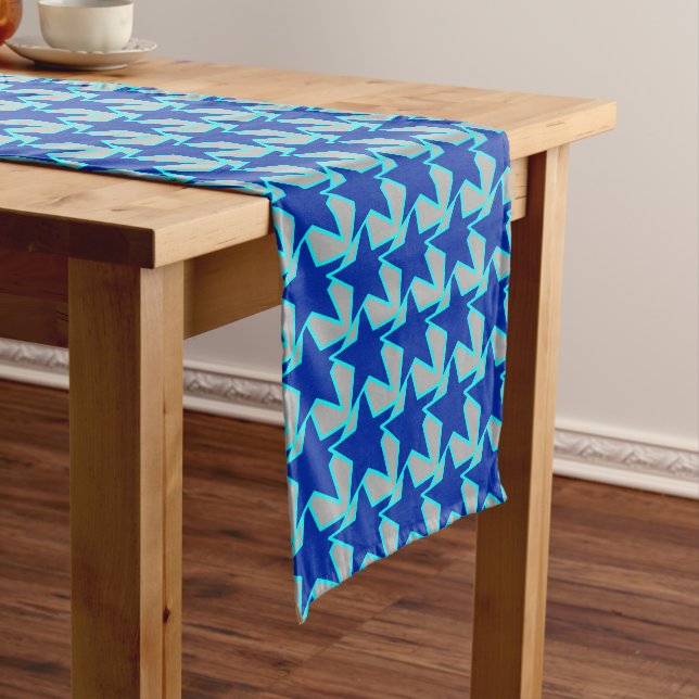 Modern Star Geometric Cobalt Blue and Gray Short Table Runner (In Situ)
