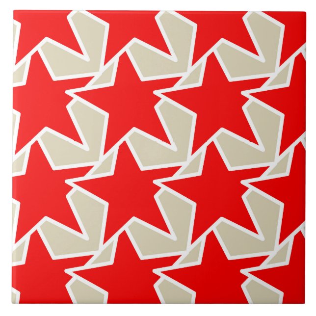 Modern Star Geometric - deep red and taupe Ceramic Tile (Front)