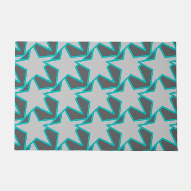 Modern Star Geometric, Grey / Gray and Turquoise Doormat (Front)