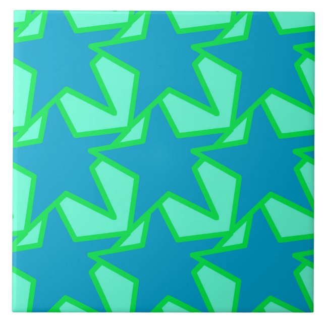 Modern Star Geometric Pattern, Jade Green and Blue Ceramic Tile (Front)