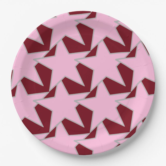 Modern Star Geometric - pink and burgundy Paper Plates (Front)