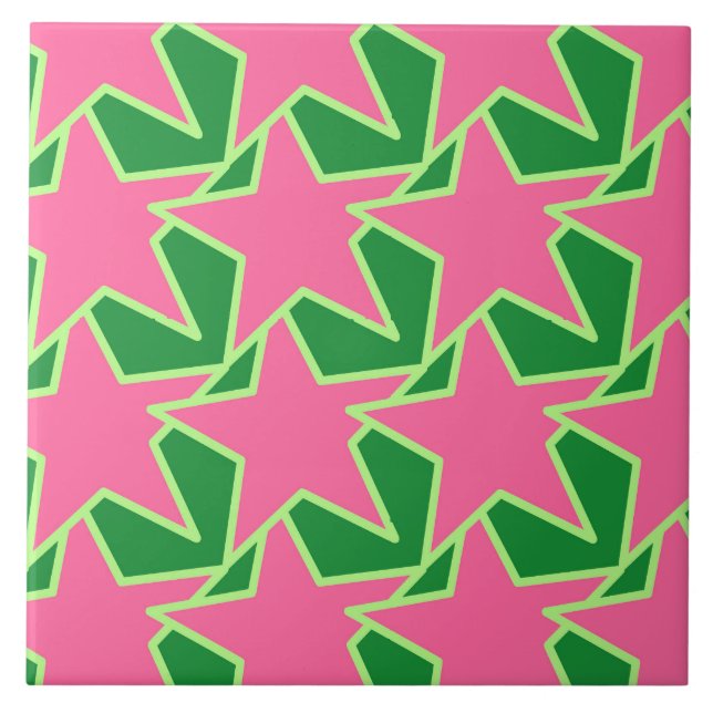 Modern Star Geometric - watermelon pink and green Ceramic Tile (Front)