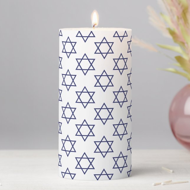 Modern Star of David white blue pattern Hanukkah  Pillar Candle (In Situ)