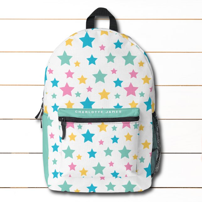 Modern Star Pattern Pink Mint Personalized Name Printed Backpack (Creator Uploaded)