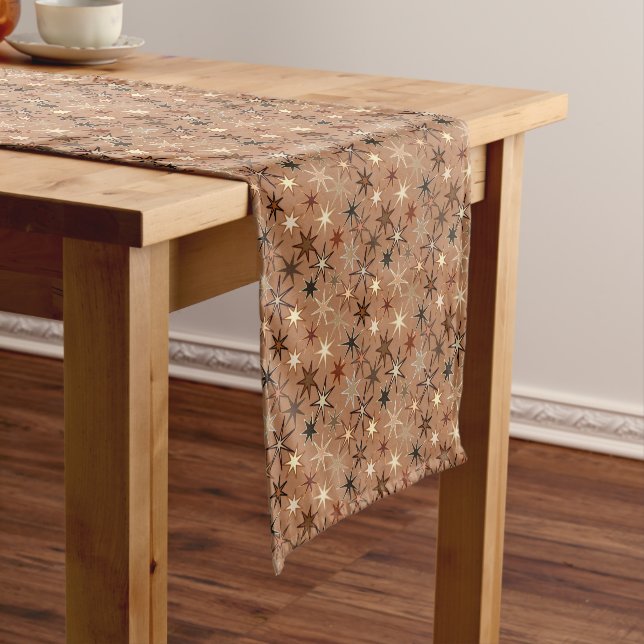 Modern Starburst Print, Coffee Brown and Beige  Short Table Runner (In Situ)