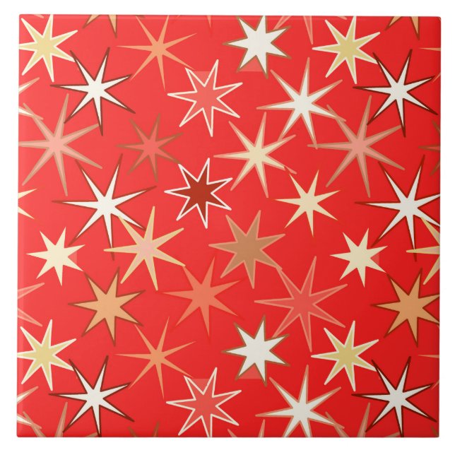 Modern Starburst Print, Deep Mandarin Orange Ceramic Tile (Front)