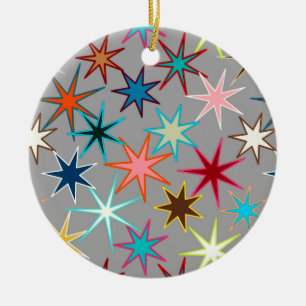 Modern Starburst Print, Jewel Colors on Gray Ceramic Ornament