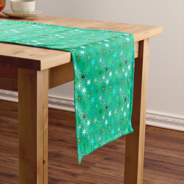 Modern Starburst Print, Turquoise and Aqua  Short Table Runner (In Situ)