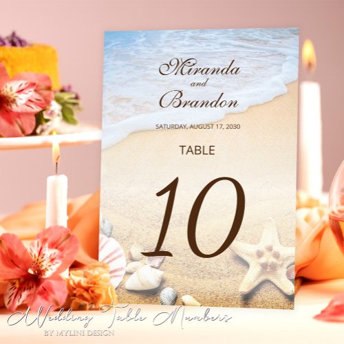 Modern Starfish and Shells Tropical Beach Wedding Table Number