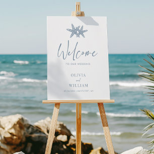 Modern Starfish Beach Dusty Blue Wedding Welcome Foam Board