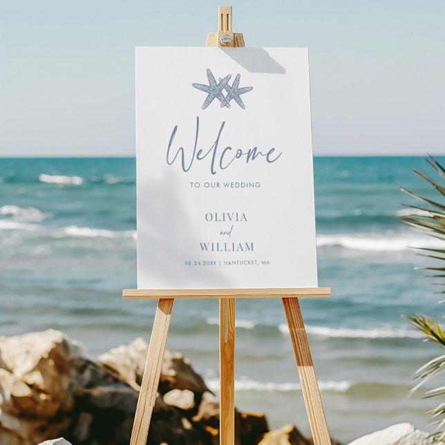 Modern Starfish Beach Dusty Blue Wedding Welcome Foam Board (Creator Uploaded)