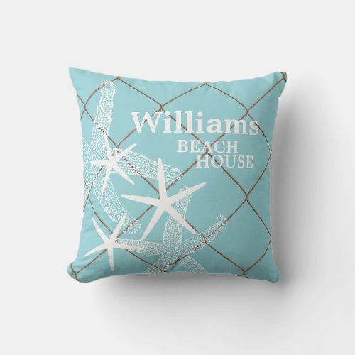 Modern starfish beach house custom name throw pillow