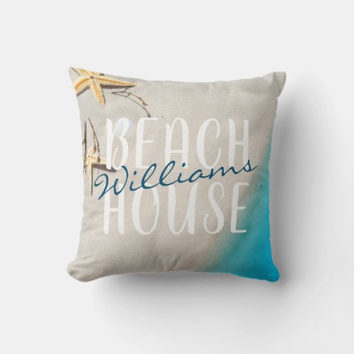 Modern starfish beach house custom name  throw pillow