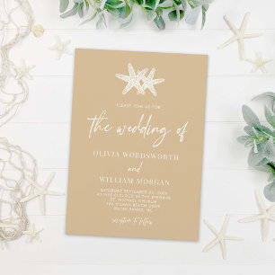 Modern Starfish Beach Sand Beige Script Wedding Invitation