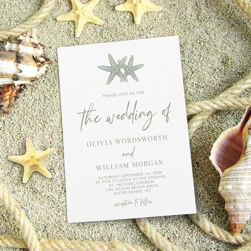 Modern Starfish Beach Script Sage Green Wedding Invitation