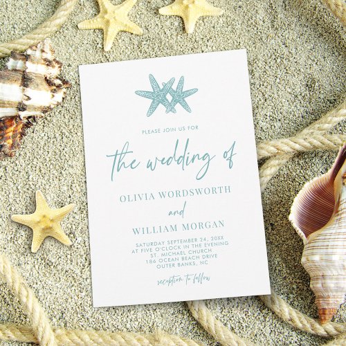 Modern Starfish Beach Sea Glass Blue Wedding Invitation