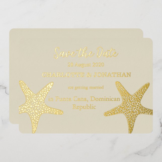 Modern  Starfish Beach Wedding Gold Foil Invitation (Front/Back)