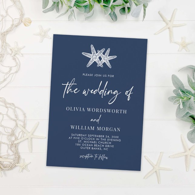 Modern Starfish Navy Blue Nautical Beach Wedding Invitation (Creator Uploaded)