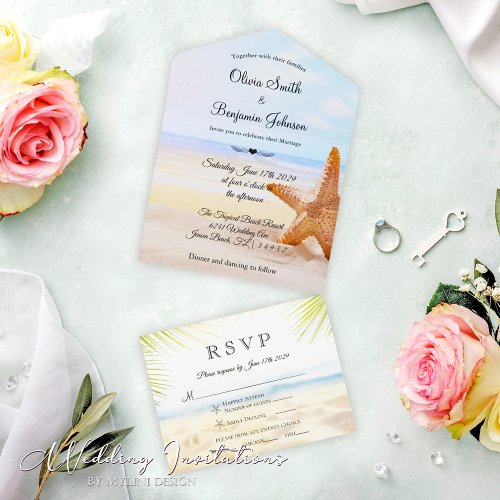 Modern Starfish Tropical Summer Beach Wedding All In One Invitation