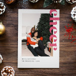 Modern Starry Cheer Christmas Photo Holiday Card<br><div class="desc">This modern Christmas photo card features the word "Cheer" in an elegant typeface with lots of stars inside of the text. The back of the card features a red Christmas tree background with room to enter your own message.</div>