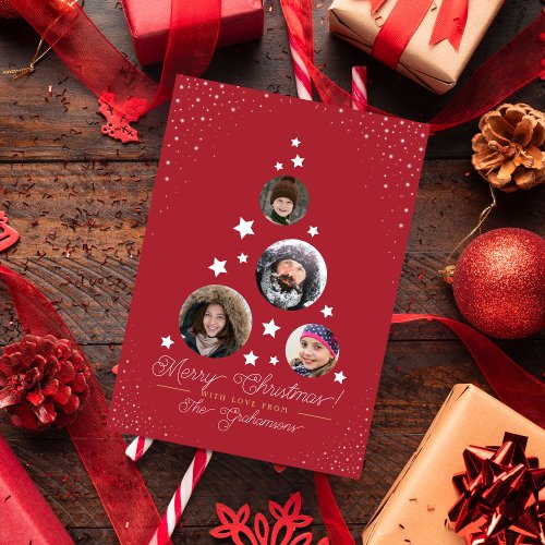 Modern Starry Christmas Tree  4 Family Photos Holiday Postcard