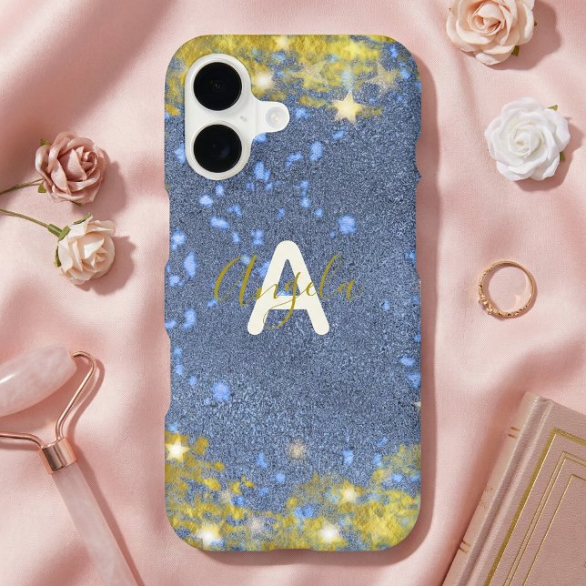 Modern Starry Glittery Blue Faux Gold Monogram iPhone Case (Creator Uploaded)