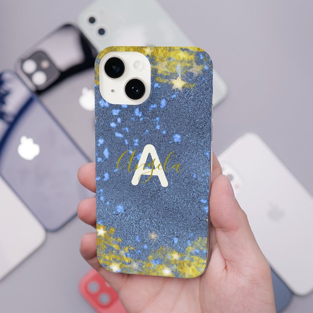 Modern Starry Glittery Blue Faux Gold Monogram iPhone Case (Creator Uploaded)
