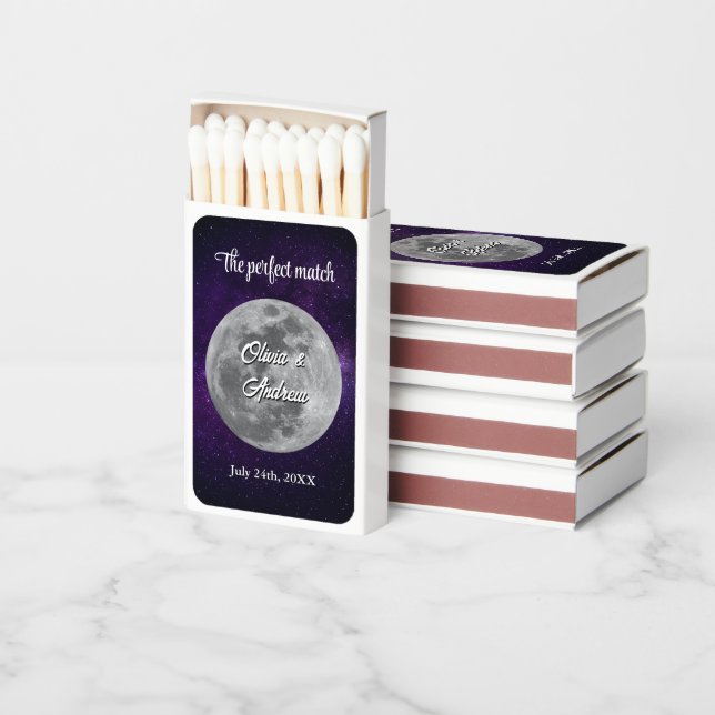Modern Starry Night Full Moon Wedding  Matchboxes (Stacked)