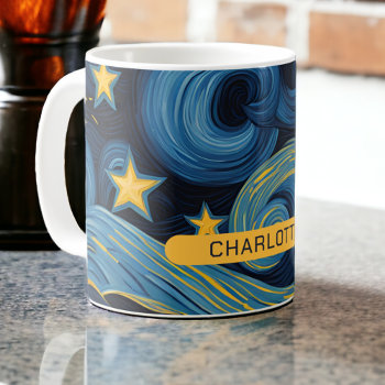 Modern Starry Night Sunflower Personalized Name Coffee Mug by Ricaso_Designs at Zazzle