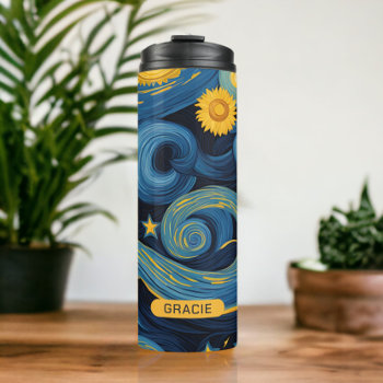 Modern Starry Night Sunflower Personalized Name Thermal Tumbler by Ricaso_Designs at Zazzle