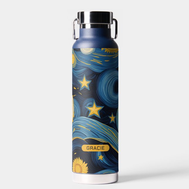 Modern Starry Night Sunflower Personalized Name Water Bottle (Front)