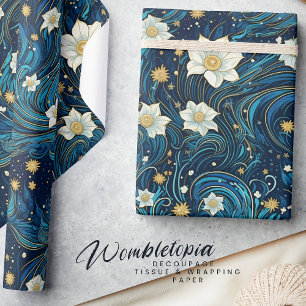 Modern Starry Night & White Lily Floral Wrapping Paper