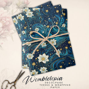 Modern Starry Night & White Lily Floral Wrapping Paper Sheets