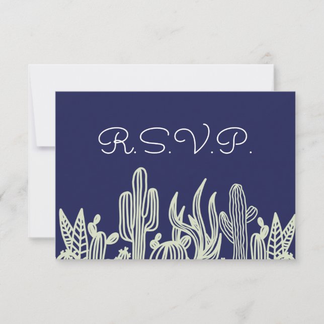 Modern Starry Sky and Cactus Navy Wedding RSVP Card (Front)