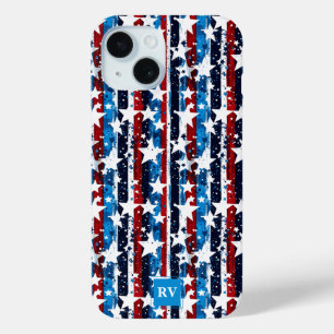 Modern Stars and Stripes Monogram USA  iPhone 15 Case