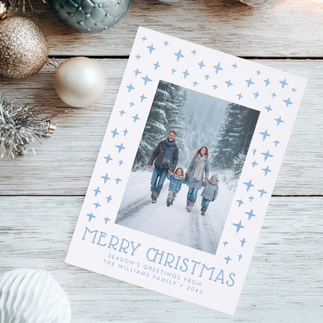 Modern Stars Blue Merry Christmas Custom Holiday Letterpress Photo Cards (Creator Uploaded)