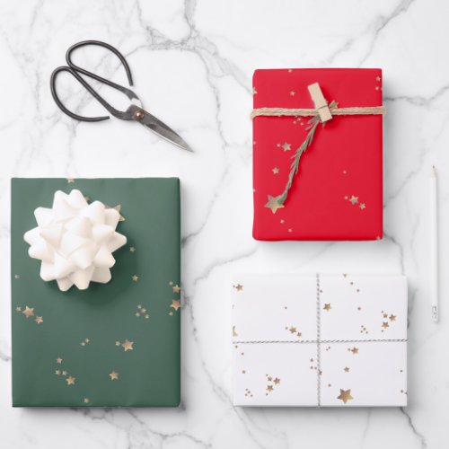 Modern Stars  Minimalist White Green Red Holiday Wrapping Paper Sheets