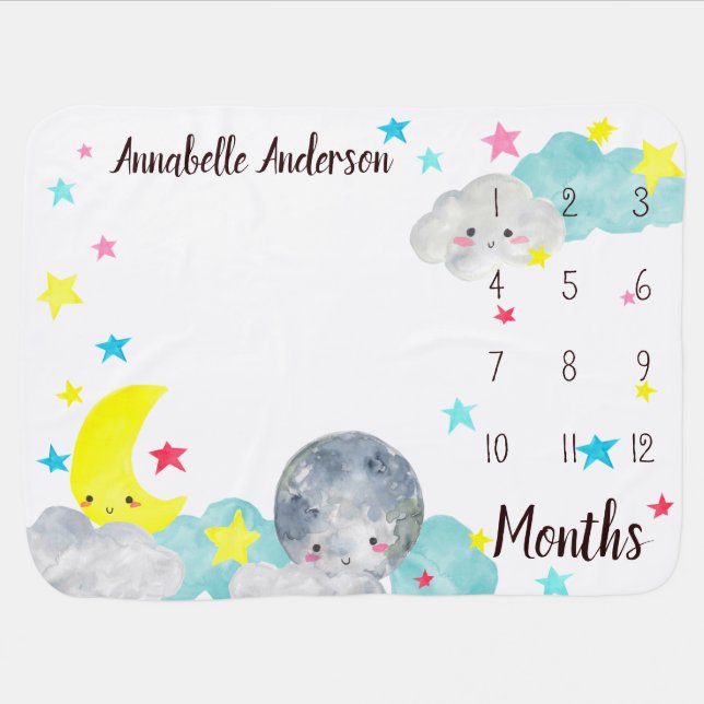Modern Stars Moon Clouds Baby Milestone Monthly Blanket (Horizontal)