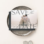 Modern Statement | Horizontal Photo Save The Date<br><div class="desc">Announce your wedding date in unforgettable style with these elegant and modern photo save the date cards, featuring a full bleed horizontal or landscape oriented photo with "save the date" overlaid in soft black lettering at the corners. Your wedding date appears inside the letter D, with your names and wedding...</div>